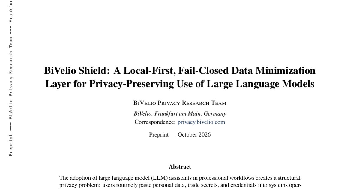 First page of the preprint: title, authorship (BiVelio Privacy Research Team, BiVelio, Frankfurt am Main, October 2026) and abstract. Opens the PDF.